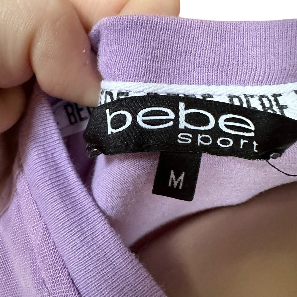 BEBE Women’s M Purple Sequin Logo T-Shirt Top Short‎ Mesh Sleeve Casual Y2K Tee - Picture 4 of 7
